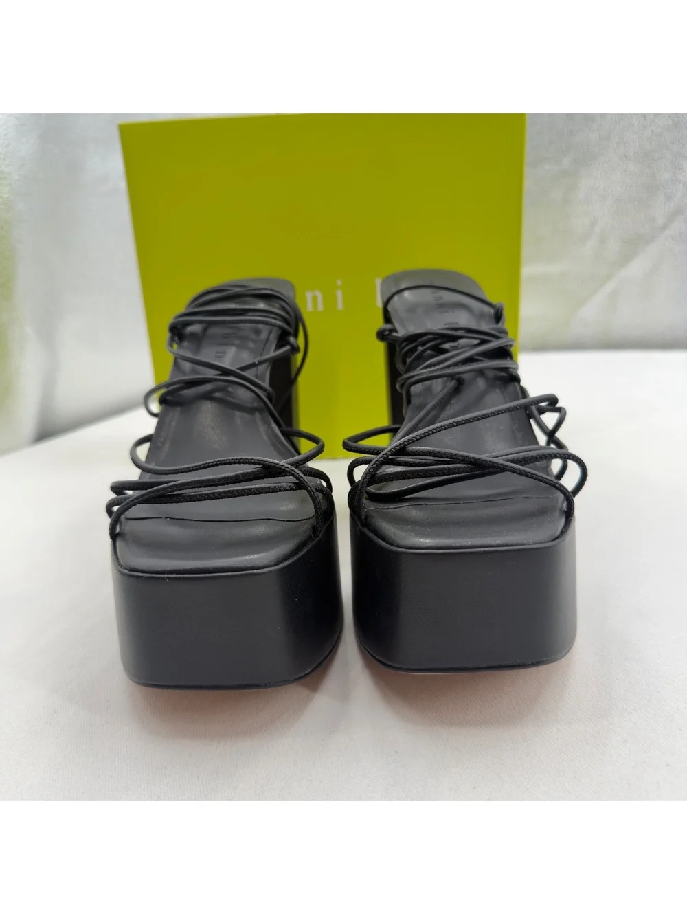 NEW Gianni Bini Rixey Leather Black Platform Chunky Block Heels Strappy Lace Up